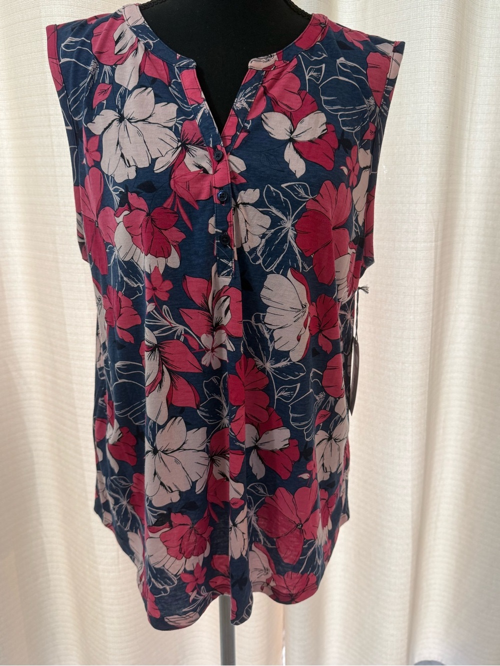 Liz Claiborne Navy Tank Top with Pink & White Floral Print